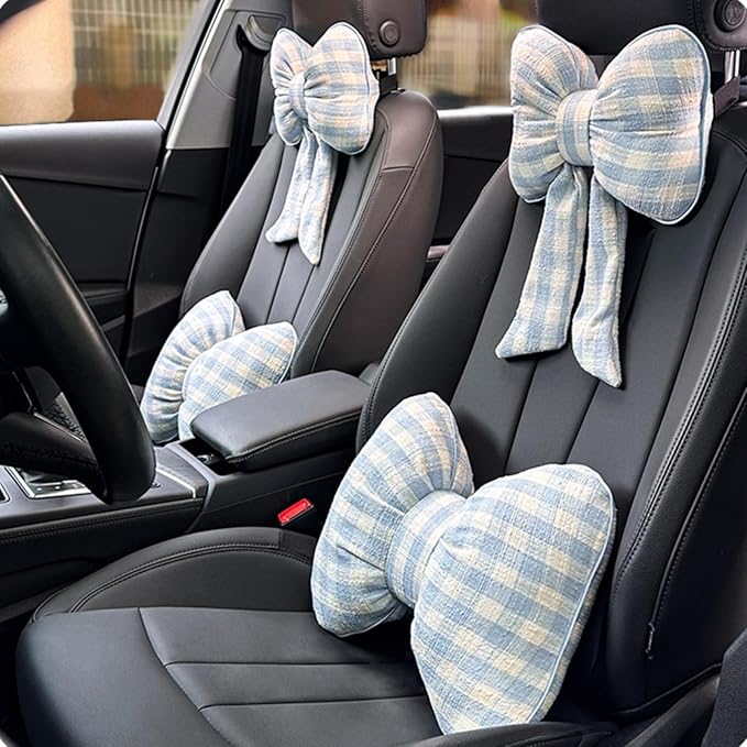 Car Accessories Plaid Bow Headrest Lumbar Pillow 4PCs Set Cotton Linen Elegant Soft Car Seat Cushions for Daily Commuting Trave (Blue Plaid,Headrest 2pcs)