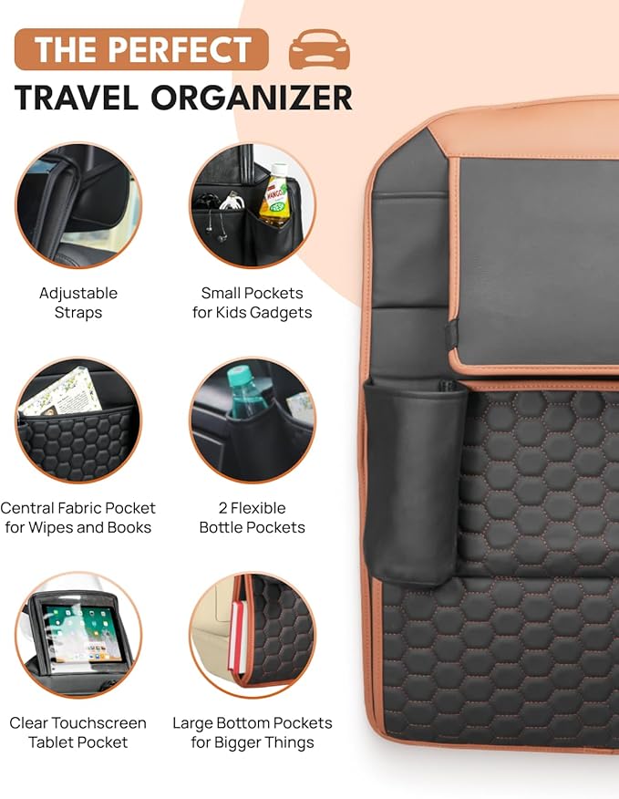 Owleys Car Seat Organizer Backseat Back Organizers & Storage Of Automotive Seatback Toy Organization For Kids Black Brown Tan 2 pc