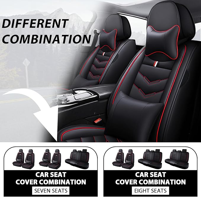 MVRVMV Car Seat Covers for Ford Explorer 2012-2026, Waterproof & Wear-Resistant Front and Rear Seat Protectors with 2* Neck Pillow and 2* Lumbar Support (7 Seat Luxury, Black-Red