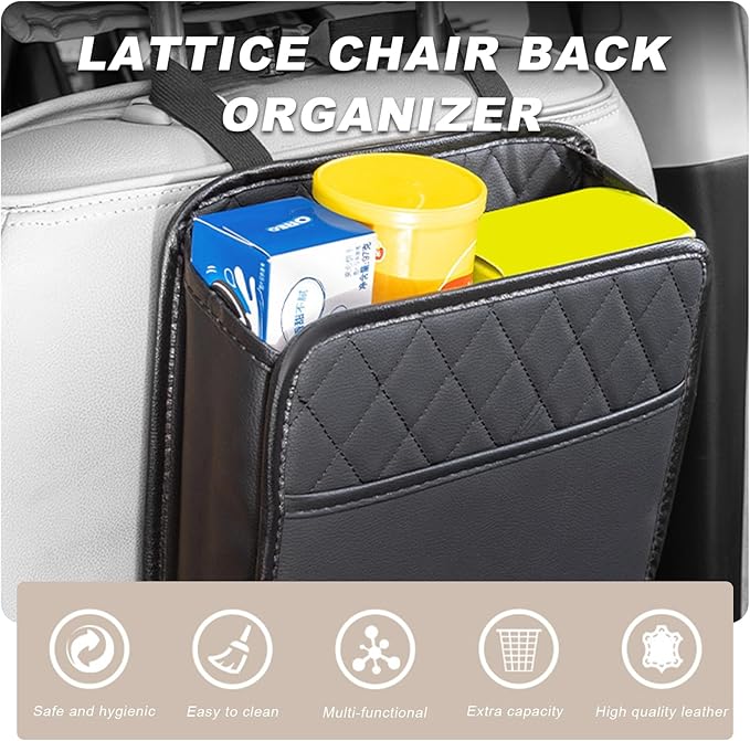 2 PCS Car Seat Back Organizer, Large Capacity Foldable Car Seat Back Hanging Bag with 3 Extra Pockets, Waterproof Leather Auto Seats Storage Organizer, Car Travel Essentials Accessories (Black)