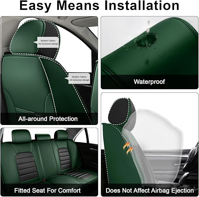 AREKA 2 Car Seat Covers for Honda Civic 2002-2026 Breathable Leather,Waterproof Car Seat Protectors with Comfort Headrest Pillows,Automotive Vehicle Cushion with Storage Pockets (Luxury,Green)