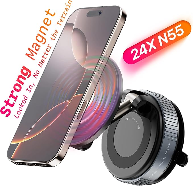Boxgear Vacuum Magnetic Phone Holder for Car – Strong Suction Cup Mount, Foldable Magnet Phone Stand for All Smartphones, Compatible with Cars, Gym & Bathroom Mirrors