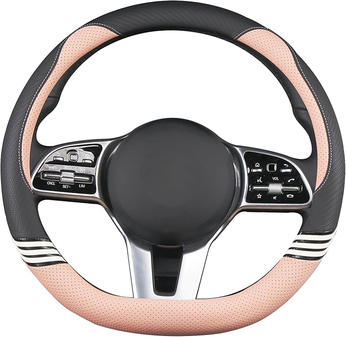 Cute Steering Wheel Cover D Shape for Women Men Breathable Universal 15 inch,Black and Pink