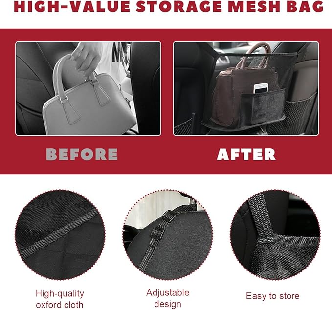Car Net Pocket Handbag Holder, Driver Storage Netting Pouch Between Seats, Large Capacity Seat Back Organizer Mesh Pocket for Purses and Bags, Auto Backseat Pet Kids Barrier (Black)