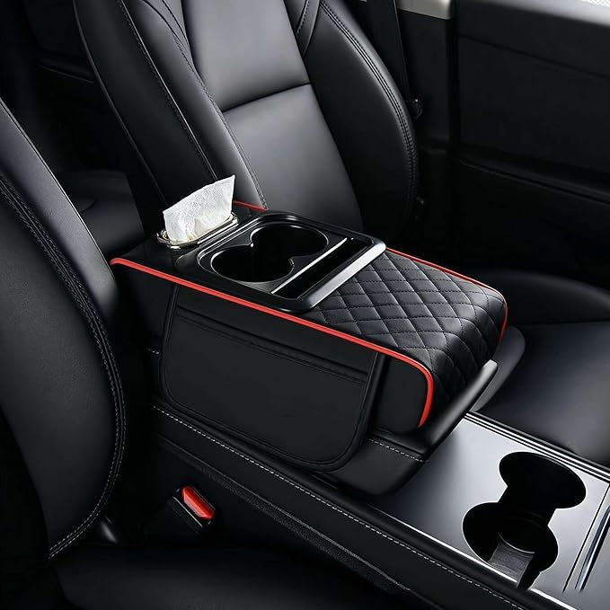 Multifunctional PU Leather Car Armrest Box Mat with Central Elbow,2026 New Universal Car Armrest Cover/Cushion/Organizer,5 in 1 Center Console Pad with Cup Holder,Fit for Most Cars, Suvs, Trucks