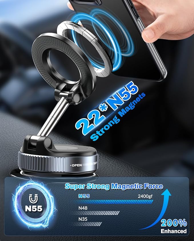 Vacuum Suction Magnetic Phone Holder, 2025 Upgraded Magnetic Car Phone Mount for Magsafe, 360°Adjustable Foldable Portable Suction Cup Phone Holder for Cars/Gyms/Mirrors/Smooth Surface