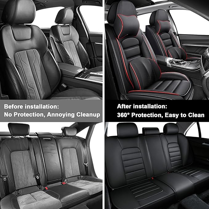 AREKA 5 Car Seat Covers for Honda Accord 2003-2026 Breathable Leather,Waterproof Car Seat Protectors with Comfort Headrest Pillows,Automotive Vehicle Cushion with Storage Pockets (Luxury,Redline)