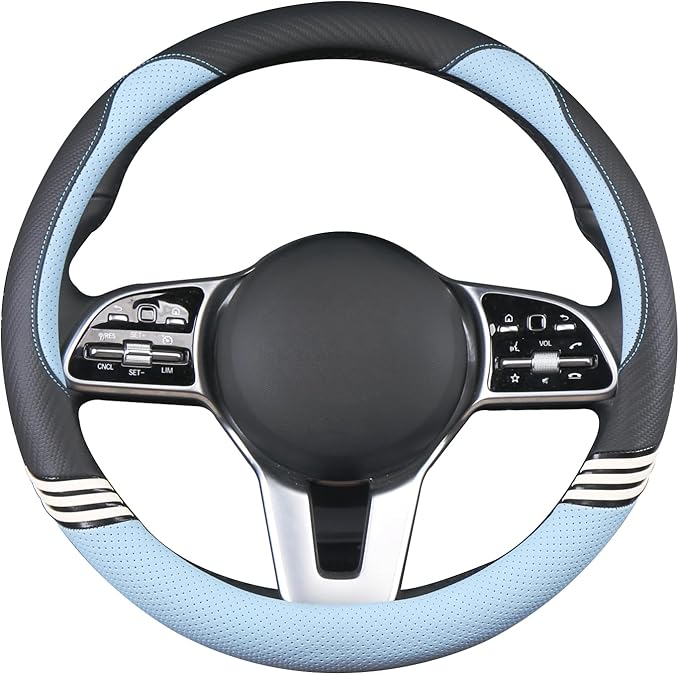 14 inch Cute Steering Wheel Cover for Women Men Faux Leather and Carbon Fiber,Black and Blue