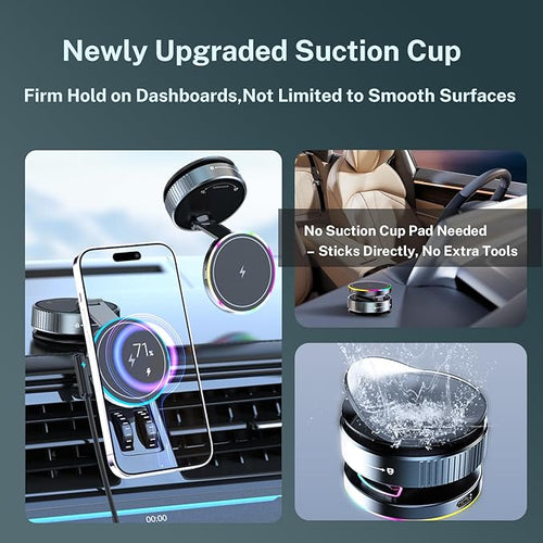 15W Fast for MagSafe Car Mount Charger with Breathing RGB Light, 360 Adjustable Vacuum Magnetic Phone Holder for Your Car Dash, Nano Gel Suction Cup Phone Mount for iPhone 12-17 Pro Max