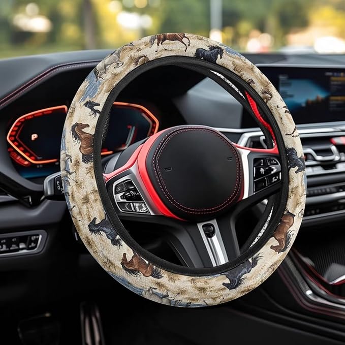 AFPANQZ Car Steering Wheel Covers White Sweat Absorption Comfort Grip, Horse Painting Universal 14-15 inch Stretch-on Fabric Keep Warm Steering Wheel Protector for Women