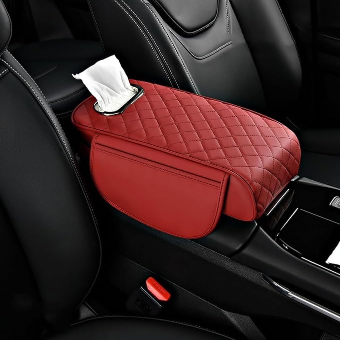 Car Arm Rest Cover Pad for Toyota Camry 2012 2013 2014 2015 2016 2017, Leather Memory Foam Center Console Cushion with 2 Storage Bags and a Tissue Box Universal Car Interior Accessories