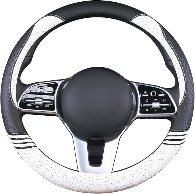 14 inch Cute Steering Wheel Cover for Women Men Faux Leather and Carbon Fiber,Black and White
