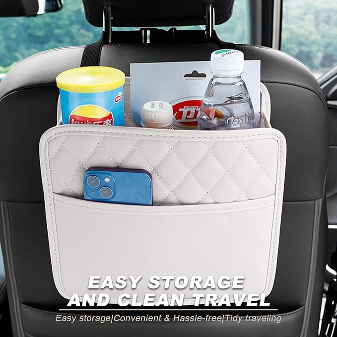 2 PCS Car Seat Back Organizer, Large Capacity Foldable Car Seat Back Hanging Bag with 3 Extra Pockets, Waterproof Leather Auto Seats Storage Organizer, Car Travel Essentials Accessories (White)