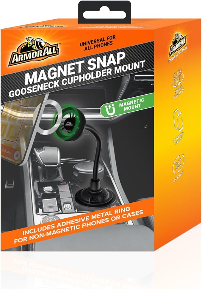 Armor All Magnetic Phone Mount for Car, Cupholder Phone Holder for MagSafe Phones, iPhones, Adjustable Gooseneck Design, Includes Universal Magnet Ring for Samsung, Non-Magnetic Phones, & Cases