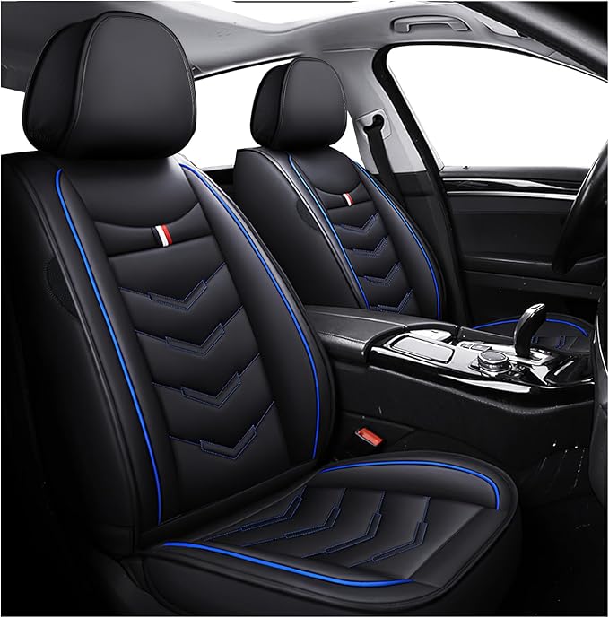 MVRVMV Seat Covers for Ford Mustang 2006-2026, Waterproof Leather Auto Seat Cover (2 Seat Standard,Black-Blue)