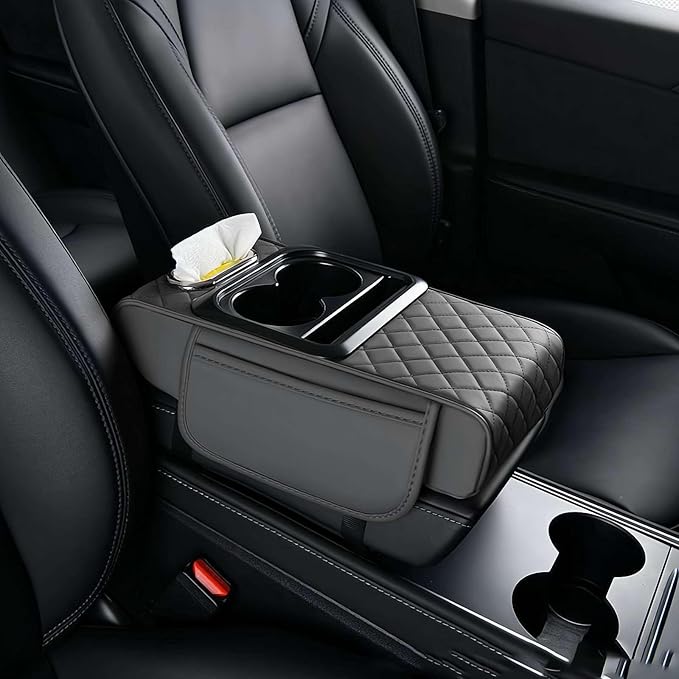 Multifunctional PU Leather Car Armrest Box Mat with Central Elbow,2026 New Universal Car Armrest Cover/Cushion/Organizer,5 in 1 Center Console Pad with Cup Holder,Fit for Most Cars, Suvs, Trucks