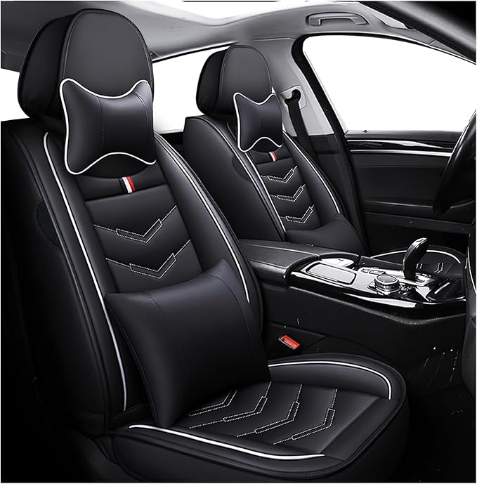MVRVMV Luxury Car Seat Covers for Ford Explorer 2012-2026, Nappa Leather Auto Seat Cover with 2 Neck Pillows and 2 Lumbar Supports (2 Seat Luxury, Black-White)
