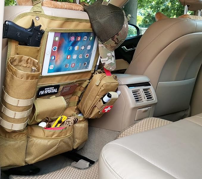 Upgrade Tactical Seat Back Organizer Molle Car Seat Organizer with 4 Detachable Pouches: Trauma Medical Pouch, Water Bottle Pouch, Vehicle Protector Organizers (Modern B TAN)