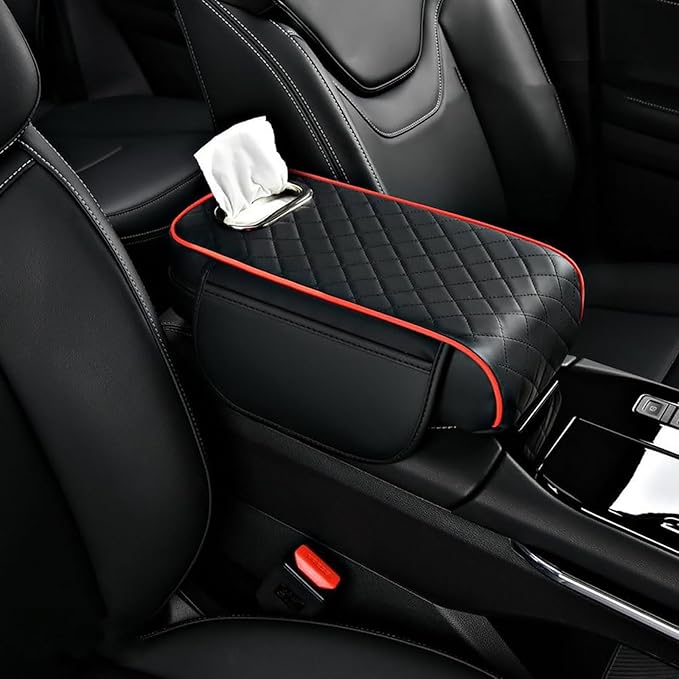 Car Arm Rest Cover Pad for Toyota Camry 2012 2013 2014 2015 2016 2017, Leather Memory Foam Center Console Cushion with 2 Storage Bags and a Tissue Box Universal Car Interior Accessories
