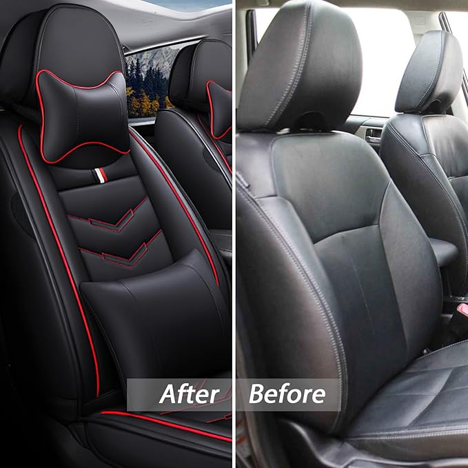 MVRVMV for Ford Expedition 2007-2026 Seat Covers, Waterproof Leather Seat Cover with 2* Neck Pillow and 2* Lumbar Support (2 Seat Luxury,Black-Red)