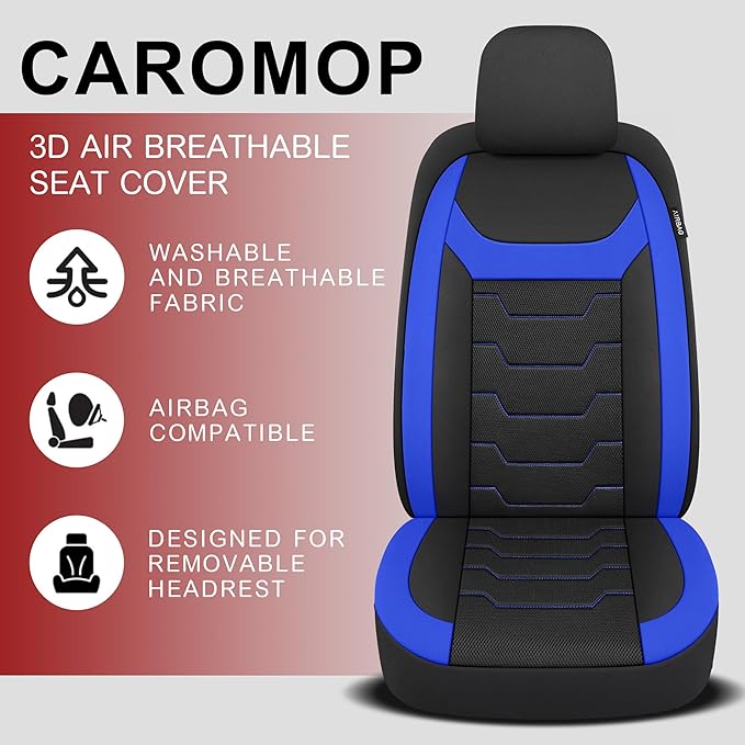 CAROMOP Breathable Car Seat Cover 2 Front Seats, 3D Air Mesh Cloth Seat Covers for Cars, Universal Fit Automotive Car Interior Covers for SUV Vans Sedans Trucks (Black/Blue)