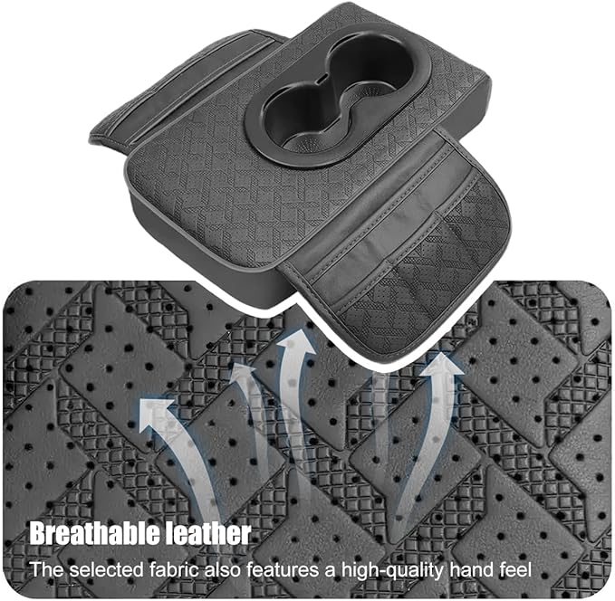 BESULEN Car Center Console Cover, Leather Thick Vehicle Armrest Protector Cushion with Cup Holder & 2 Storage Bags, Automotive Interior Arm Rest Seat Box Pad Accessories, Universal Fit (Gray)