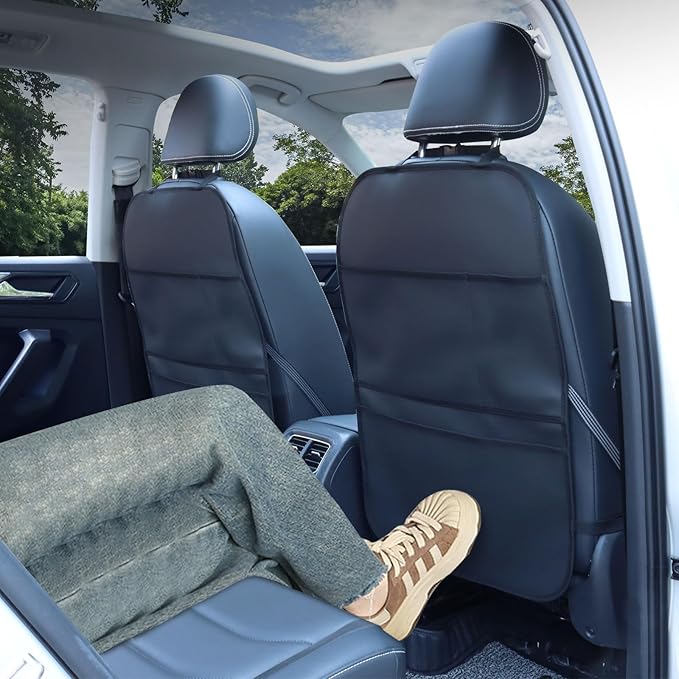 pefirst Kick Mat Back Seat Protector Waterproof Leather Car Seat Back Organizers Cover with 3 Storage Pockets for Kids Pets SUV Sedan Minivan Truck Car Travel Accessories (Black 2-Pack)