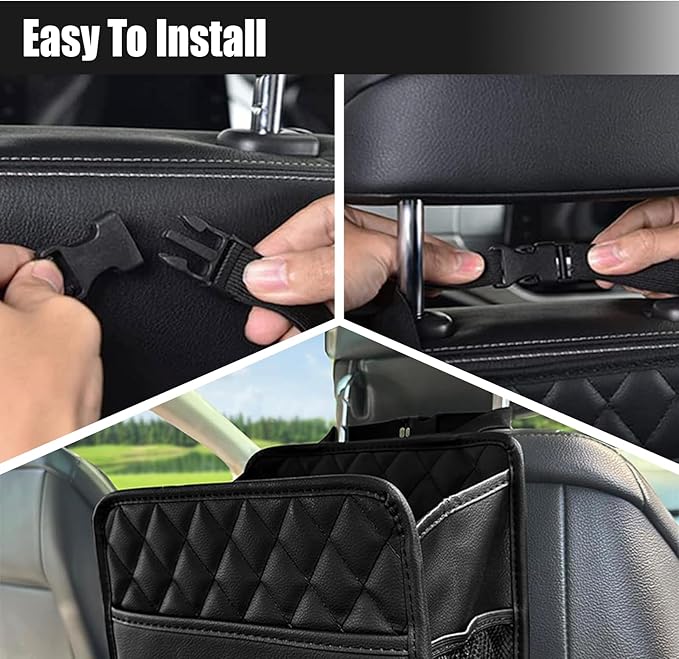 Foldable Car Seat Back Organizer, Large Capacity Hanging Car Backseat Storage Bag with Cup Holders, PU Leather Waterproof Car Trash Bag Can, Car Travel Accessories for Most Vehicles (2PCS)