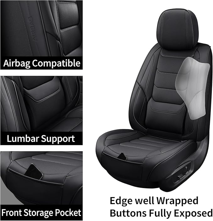SCOMEE Black Leather Car Seat Covers Front Seat Breathable Seat Protectors Waterproof Automotive Seat Covers Universal Fit for Most Cars SUVs Trucks Vehicles