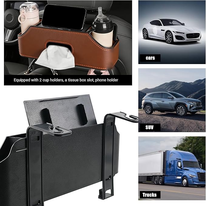 Sporacingrts Car Seat Back Organizer with Cup Holders, Tissue Box, Hooks, Phone Slot, Brown PU Leather Storage Box for Backseat, 1 Pack, Fits Most Cars SUVs Trucks