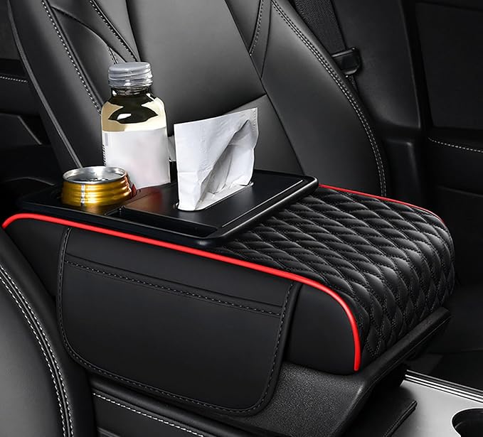 Car Center Console Cover for Acura MDX 2014-2025, Armrest Storage Box, Multifunctional Center Console Cover Organizer, Leather Armrest Protector Pad for SUV,B Black Red