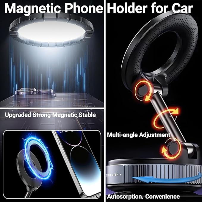 Magnetic Phone Holder for Car - Suction Cup Phone Mount for Magsafe, Universal 360° Dashboard Phone Holder Vacuum Cell Phone Holders for Your Car/Gym/Mirror Car Mount for iPhone & Android
