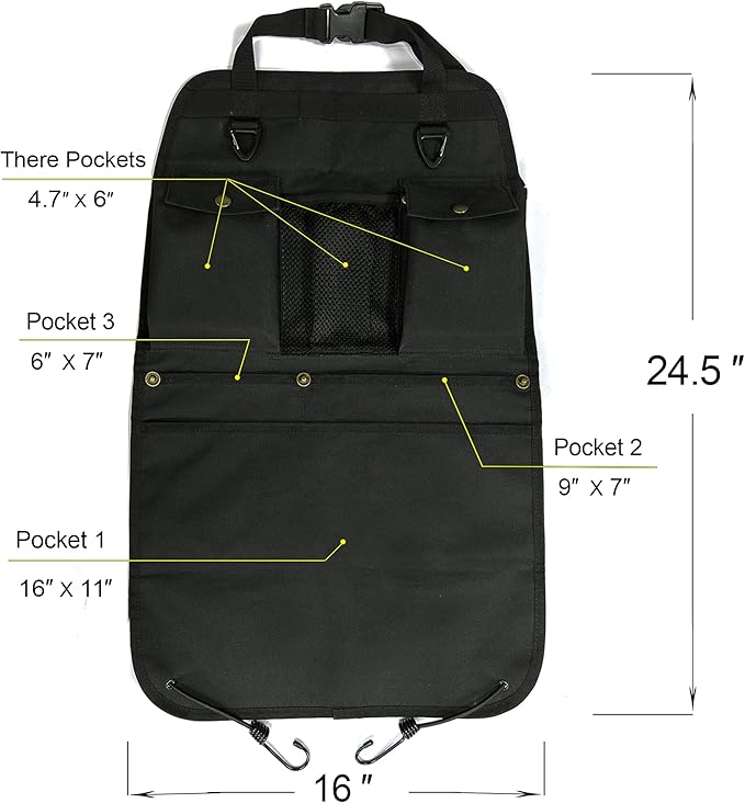 BEATUNEE Black Car Seat Back Organizer with Multiple Pockets and Hooks
