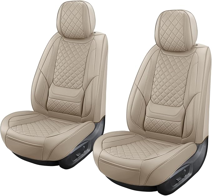 SCOMEE Beige Leather Car Seat Covers Front Seat Breathable Seat Protectors Waterproof Automotive Seat Covers Universal Fit for Most Cars SUVs Trucks Vehicles