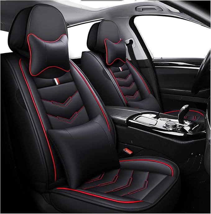 MVRVMV Luxury Car Seat Covers for Ford Explorer 2012-2026, Nappa Leather Auto Seat Cover with 2 Neck Pillows and 2 Lumbar Supports (2 Seat Luxury, Black-Red)