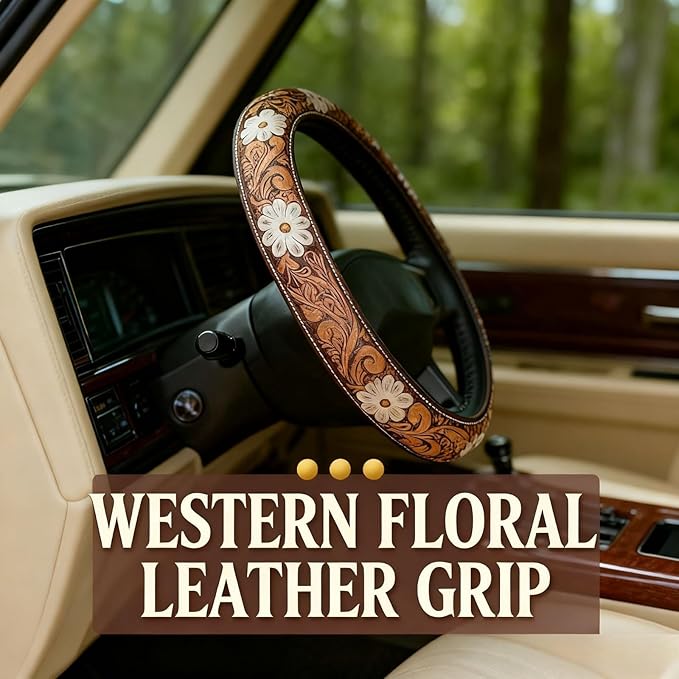 Retro Western Cowboy Car Universal Steering Wheel Cover – Western Steering Wheel Cover for Men & Women - 15 Inch Embossed Leather Anti-Slip Grip–Universal Fit for Truck, SUV, Car (D)