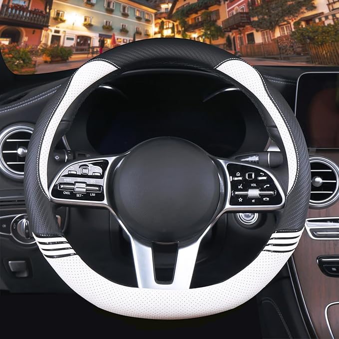 14 inch Cute D Shaped Steering Wheel Cover for Women Men Faux Leather and Carbon Fiber,Black and White