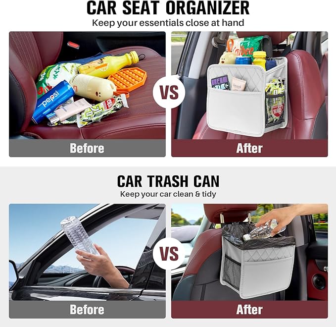 LXUNYI Car Seat Organizer, Updated Large Leather Backseat Car Organizer with Cup Holders Multifunctional Over the Car Seat Storage Organizer Bag Hanging Car Seat Back Organizers for Kids (Gray 2Pack)