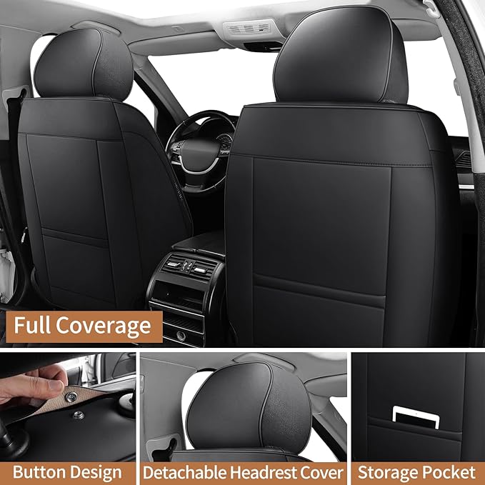 SCOMEE Black Leather Car Seat Covers Front Seat Breathable Seat Protectors Waterproof Automotive Seat Covers Universal Fit for Most Cars SUVs Trucks Vehicles