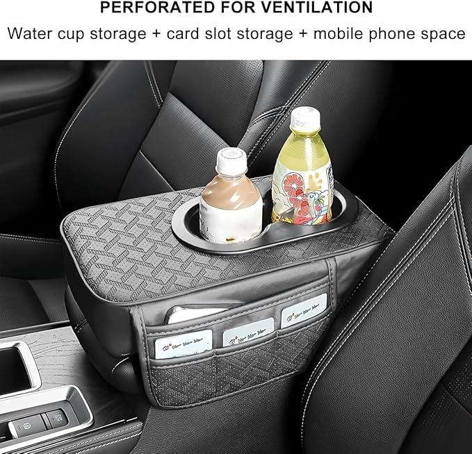 BESULEN Car Center Console Cover, Leather Thick Vehicle Armrest Protector Cushion with Cup Holder & 2 Storage Bags, Automotive Interior Arm Rest Seat Box Pad Accessories, Universal Fit (Gray)