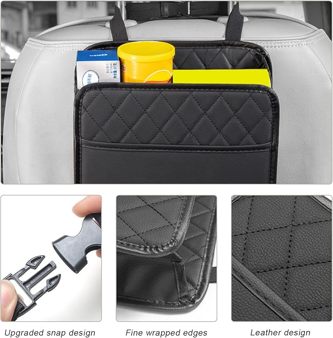 2 PCS Car Seat Back Organizer, Large Capacity Foldable Car Seat Back Hanging Bag with 3 Extra Pockets, Waterproof Leather Auto Seats Storage Organizer, Car Travel Essentials Accessories (Black)
