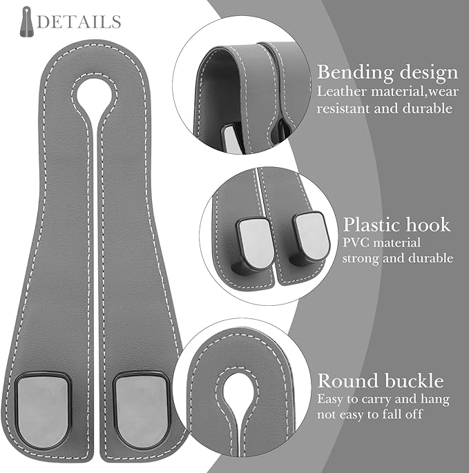 Adorila Car Seat Headrest Hooks - Vegan Leather Double Hook Purse & Phone Holder, Seat Back Organizer for Bags, Clothing & Handbags (Grey, 2-Pack)