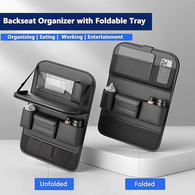 Car Backseat Organizer with Tray – Back of Car Seat Organizer & Storage, Multifunction Seat Back Organizer Storage Bags for Tablet, Snacks, Drinks, Tissues... | Waterproof, Universal Fit | 1 Pack