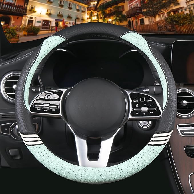 14 inch Cute Steering Wheel Cover for Women Men Faux Leather and Carbon Fiber,Black and Green