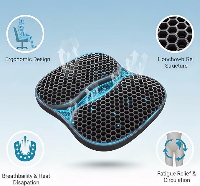 masteymoh Foldable Seat Cushion for Travel, Honeycomb Gel Cushion with Zipper & Handle, Portable Silicone Gel Seat Cushion for Cars, Honeycomb Butt Pillow 15.8 x 13.3 x 1.4 Inches (1 in Black)