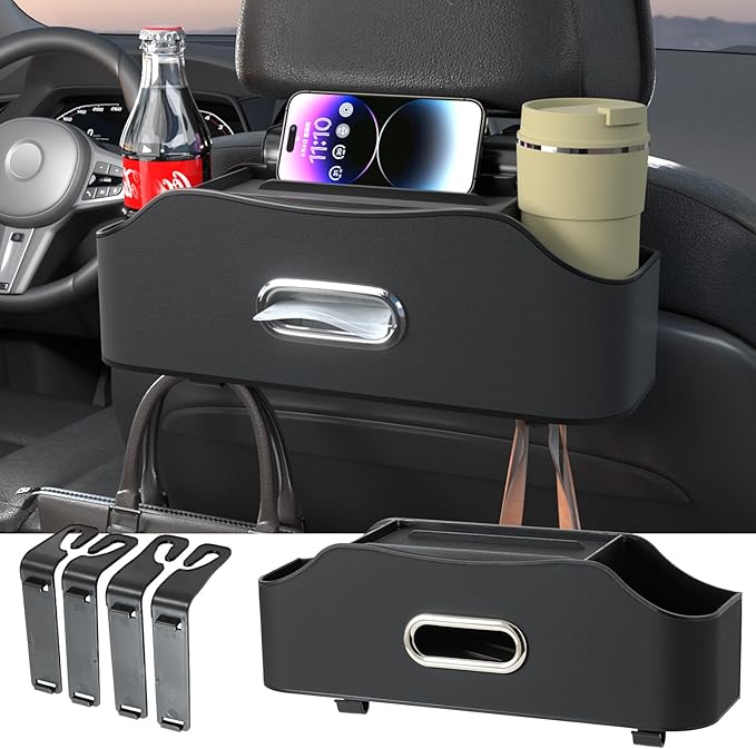 Back Seat Cup Holder for Car – Multifunctional Seat Back Organizer with Drink Holders, Tissue Box Storage & Hooks, Fits Headrest for Auto. Black