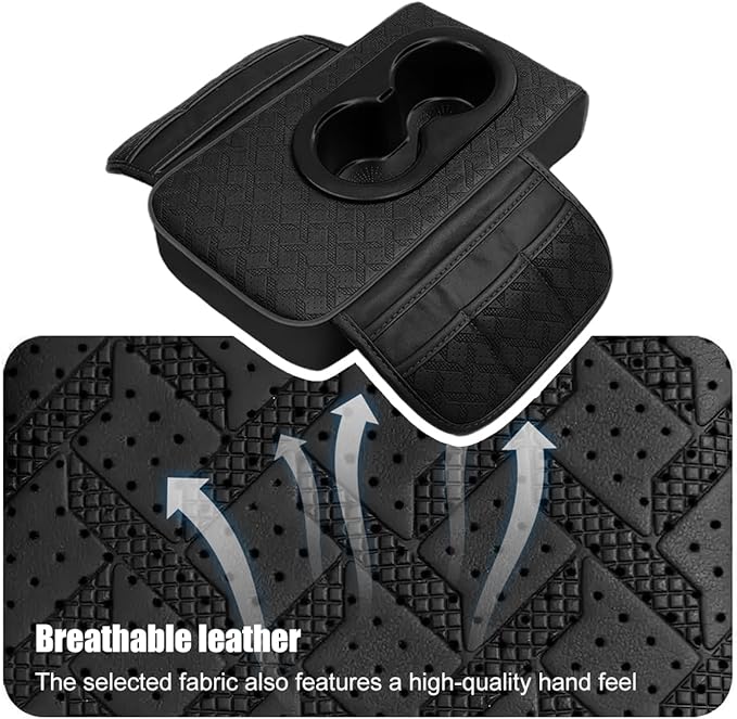 BESULEN Car Center Console Cover, Leather Thick Vehicle Armrest Protector Cushion with Cup Holder & 2 Storage Bags, Automotive Interior Arm Rest Seat Box Pad Accessories, Universal Fit (Black)