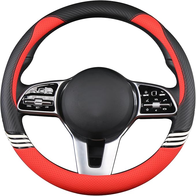 14 inch Cute Steering Wheel Cover for Women Men Faux Leather and Carbon Fiber,Black and Red