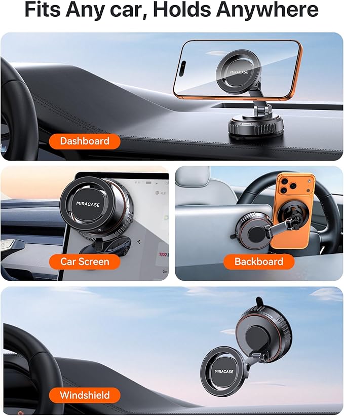 Miracase for Magsafe Car Mount, [Oversized Suction Base & 3600gf Magnetic] Vacuum Magnetic Phone Holders for Your Car, 360° Adjustable Cell Phone Mount for iPhone 17 Pro Max 16 15 14 13 12