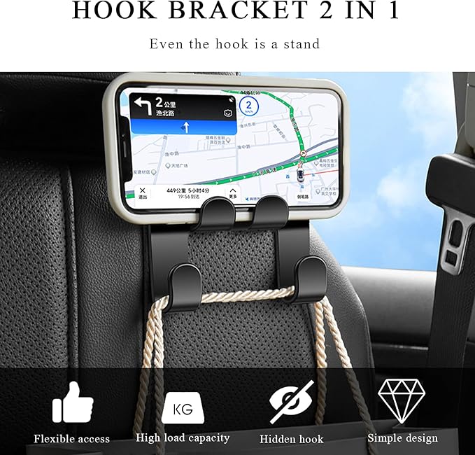 2 PCS Car Seat Headrest Hooks, 2 in 1 Auto Backseat Hanger Thickened Headrest Storage Hook, Universal Vehicle Seat Back Organizer for Purses Handbags Coats Grocery Bags